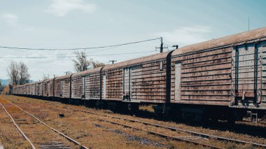 Sessiz istasyonda paslı ve desenli retro yük vagonunun yakın görüntüsü