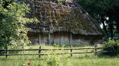 Çatı ve kil duvarlı geleneksel Ukrayna kır evi.