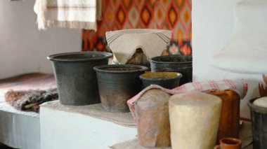 Traditional Ukrainian household items inside Pirogovo open air museum in Kyiv, Ukraine ,15.06.2025.