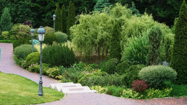 Süslü çalıları ve klasik sokak lambaları olan şık bir park sokağı.