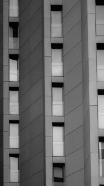 Keskin temiz mimari geometrisi olan minimum siyah beyaz bina.