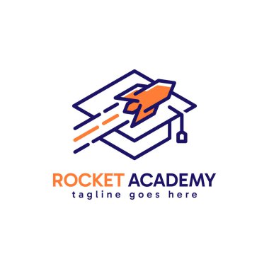 Roket ve Akademi toga şapka kombinasyonu ve çizgi sanatı. Minimalist vektör illüstrasyonu.