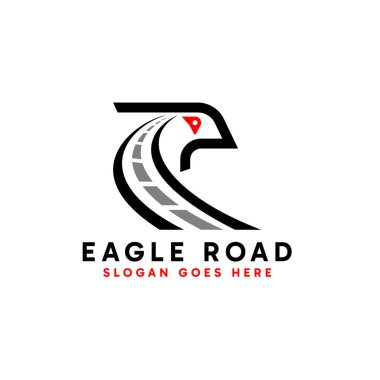 Eagle Road logo tasarımı. Soyut ulaşım yolu ve kartal başlı baş vektör sembolü logo tasarımı