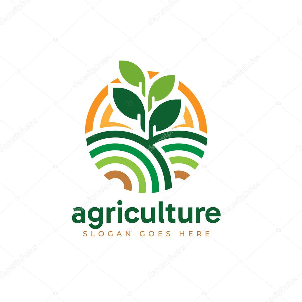 Minimalist Agriculture business logo design. Modern crop field and green leaf combination.