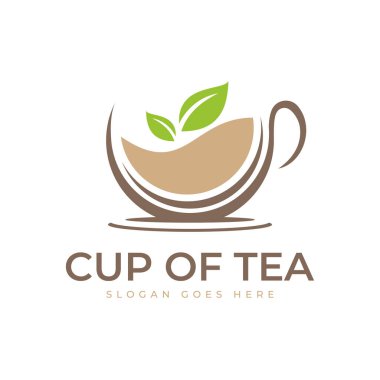 Bardak logosu dizaynında çay. Minimalist çay fincanı ve yeşil yaprak kombinasyonu.