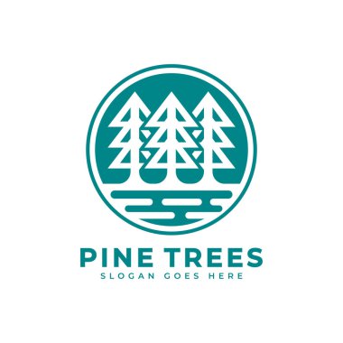 Pine Trees logo tasarımı. Modern stil konseptiyle soyut Geometrik çam ağaçları sembolü. Vektör simgesi logo şablonu.