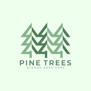 Pine Trees logo tasarımı. Modern stil konseptiyle soyut Geometrik çam ağaçları sembolü. Vektör simgesi logo şablonu.