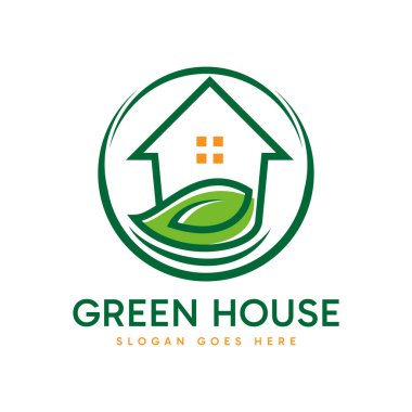 Sera logosu tasarımı. Soyut minimalist ev şekli ve yeşil yaprak karışımı. Çevre doğa işaret sembolü tasarımı illüstrasyonu.