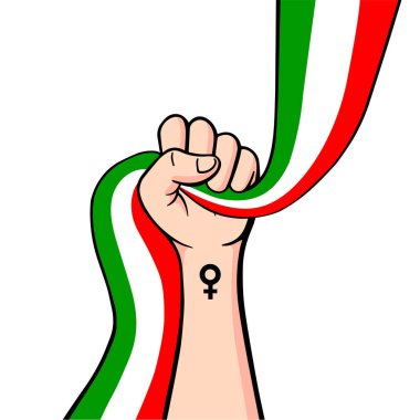 İran 'daki protestolarda fotokopi alanı var. İranlı kadınlarla dayanışma. Arkaplan şablonu, afiş. Bayrak ile el illüstrasyonu.