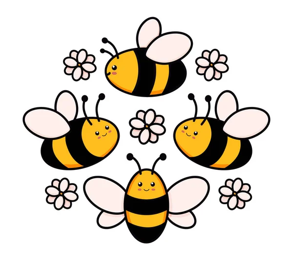 圆框向量中的一组可爱的蜜蜂 以涂鸦的形式表现出来 五颜六色的大黄蜂围成一个圆圈 孩子们用黄色和黑色在白色上隔离 为图标和标志设计画画 — 图库矢量图片