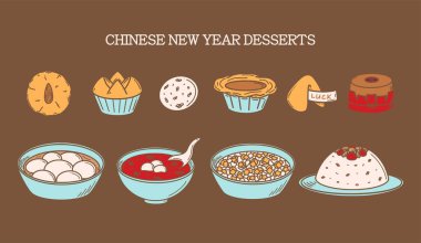 CNY kutlaması, Çin Yeni Yıl Tatlıları karalama stilinde vektör çizimi. Geleneksel Asya mutfağı çizimi.
