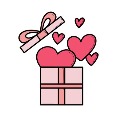 Hand drawn icons gifts with hearts in doodle style. Cartoon present box set with bows. Gift package with love for Valentines day, birthday, wedding, anniversary.