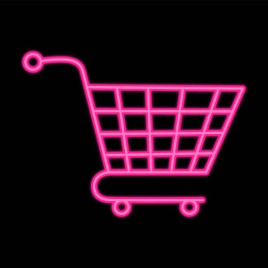 Alışveriş arabası neon vektör ikonu çizimi. Süpermarket için reklam panosu tasarımı. Koyu arkaplanda parlak pembe ışık efekti var..