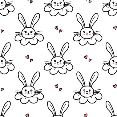 Güzel tavşancık, kusursuz desen. Elle çizilmiş tavşan yüzü ve kalp vektör duvar kağıdı. Mutlu Paskalya afişleri..