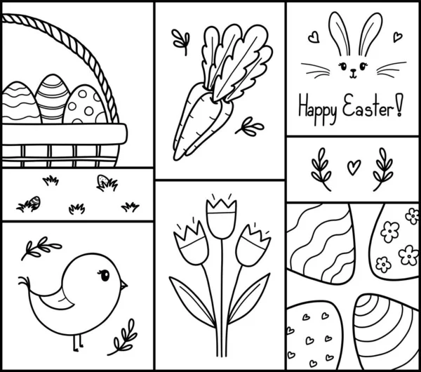 Osterkarten Vektorillustration Niedliche Osterkritzeleien Mit Eiern Hasen Vögeln Frühlingsblumen Und — Stockvektor
