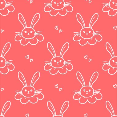 Güzel tavşancık, kusursuz desen. Elle çizilmiş tavşan yüzü ve kalp vektör duvar kağıdı. Mutlu Paskalya afişleri..