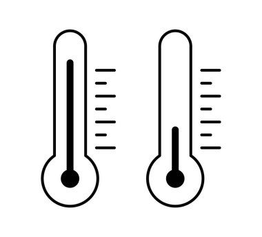 Hava sıcaklığı termometre siyah simgesi. Soğuk ve sıcak vektör sembollü termometre. Vektör illüstrasyonu beyaz arkaplanda izole edildi.