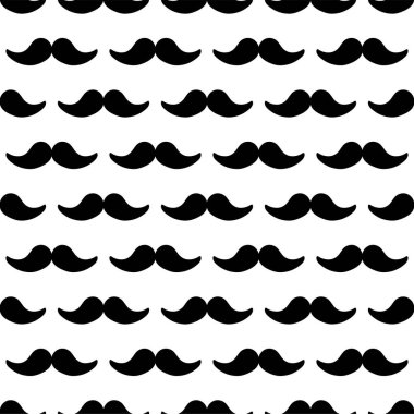 Berber dükkanı bıyıklı, klasik beyefendi vektör kusursuz desenli. Beyaz arka planda siyah kıvırcık bıyıklı arka plan veya doku.