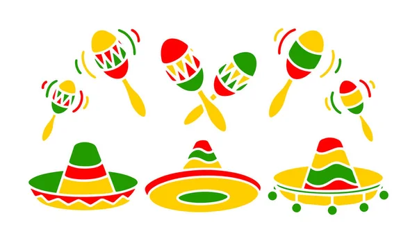 Sombrero Mexicano Colección Vectorial Maracas Coloridas Ilustraciones Sombrero Tradicional Mexicano — Archivo Imágenes Vectoriales