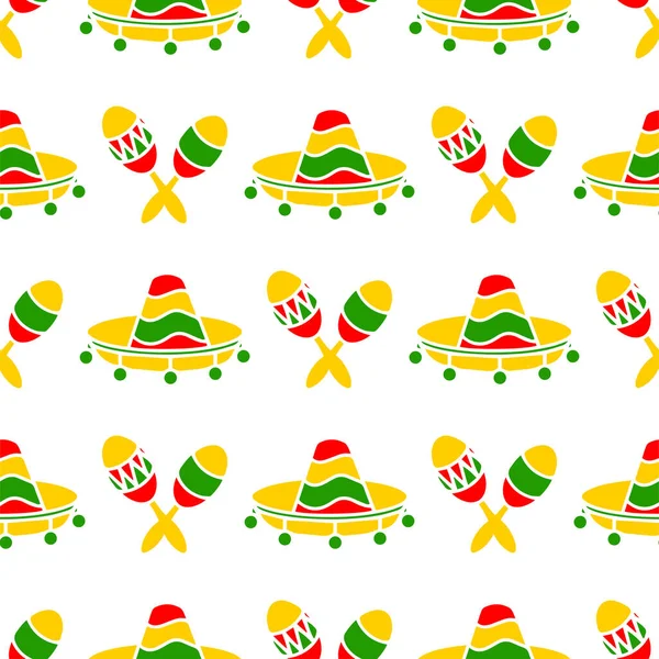 솜브레로 모자와 마라카스 그림은 패턴을 줍니다 멕시코 축제와 메이요 연휴의 — 스톡 벡터