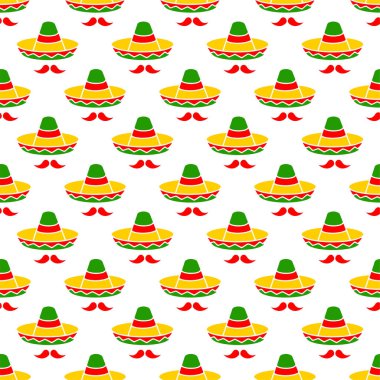 Cinco de Mayo. 5 Mayıs. Sombrero ve bıyıksız desen. Meksika şenlik vektörü arka planı.