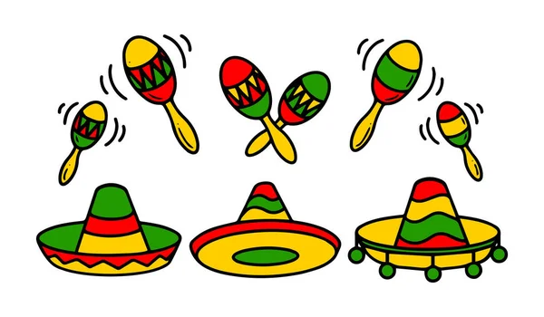 멕시코 솜브레로와 마라카스 컬렉션이야 멕시코의 모자에 삽화와 마요네즈를 — 스톡 벡터
