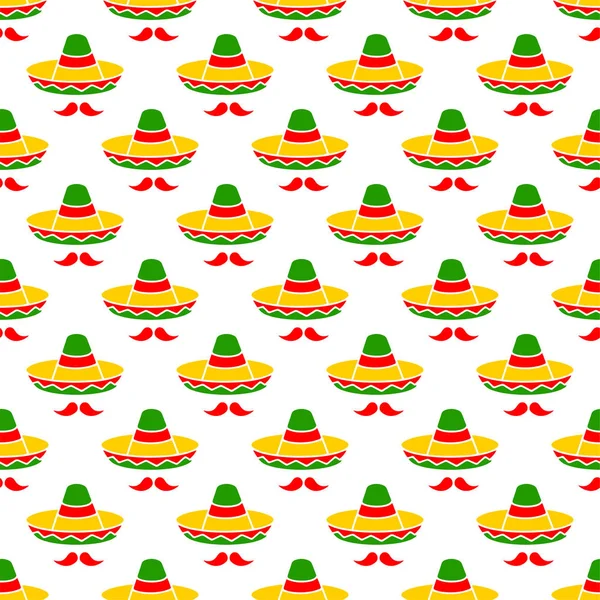 Cinco Mayo Mayıs Sombrero Bıyıksız Desen Meksika Şenlik Vektörü Arka — Stok Vektör