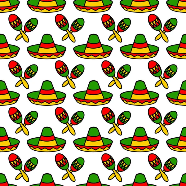 Sombrero Şapkaları Maracas Karalama Çizimleri Kusursuz Desen Meksika Fiesta Partisi — Stok Vektör