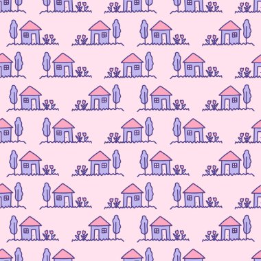 İçinde ev, ağaç ve çiçek vektör çizimi olan çocuksu bir taslak. Pembe ve menekşe renginde şirin ev karalamaları..