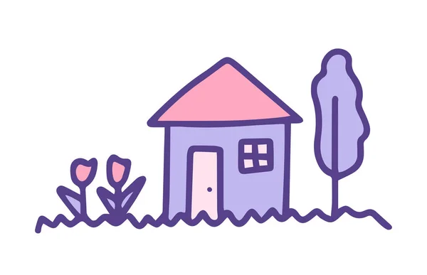 带有房子 树和花朵矢量图解的幼稚草图 孩子们在家里可爱的涂鸦 粉色和紫罗兰色 — 图库矢量图片