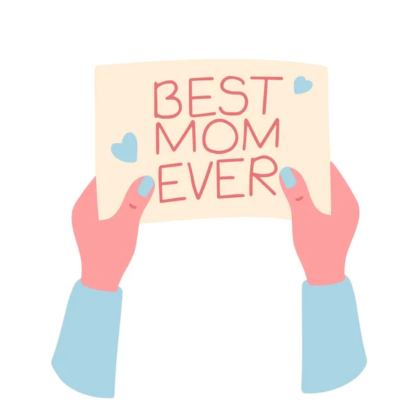 stock vector Mom holding a card from a kid in her hands. Present from a child on mothers day vector illustration.