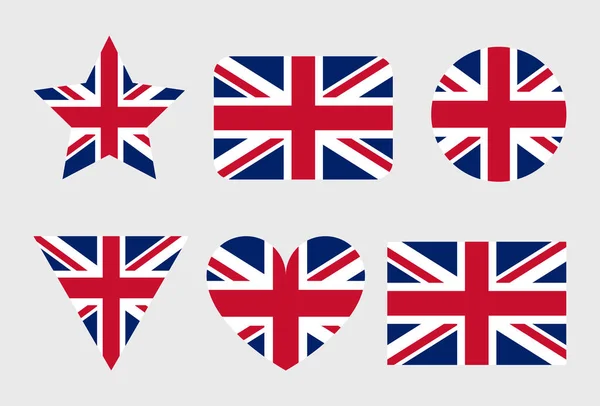 Значки Вектора Флага Великобритании Установленные Форме Сердца Звезды Круга Карты — стоковый вектор