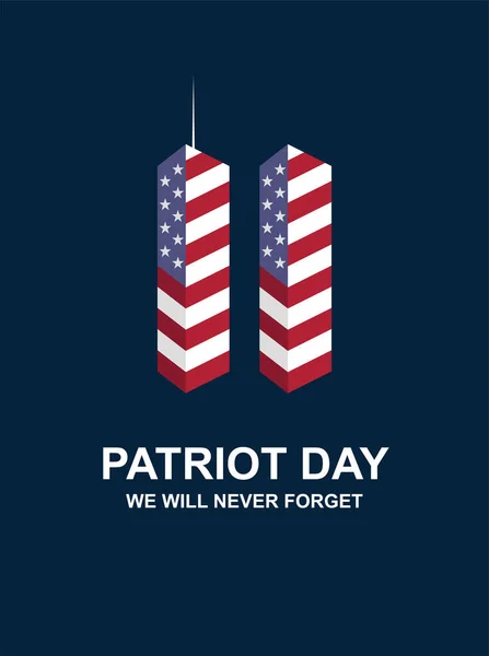 爱国者日2001年9月11日 矢量911美国国旗911纪念塔双塔我们永远不会忘记蓝色背景的字母 — 图库矢量图片