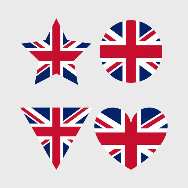 Iconos Vectoriales Bandera Del Reino Unido Establecidos Forma Corazón Estrella — Vector de stock