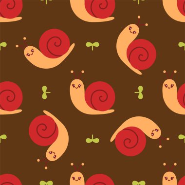 Tatlı salyangoz izi. Çocuk vektör illüstrasyonu. Yeşil bitkileri olan salyangoz çocuklar için sevimli bir arka plan..