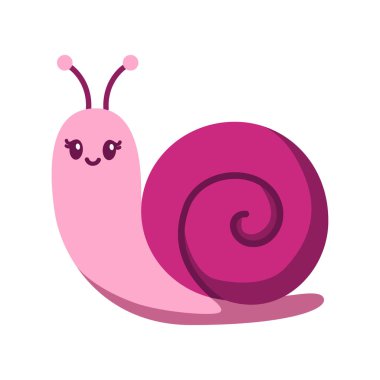 Beyaz arka planda izole edilmiş sevimli gülümseyen salyangoz. Çocuk kitabı ve çıkartmaları için düz çizgi film komik salyangoz vektör çizimi..