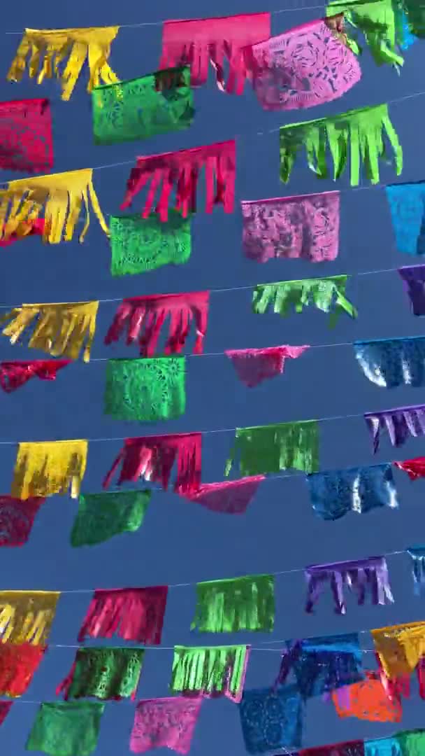 Kleurrijke Vlaggen Opknoping Touwen Blauwe Lucht Achtergrond — Stockvideo