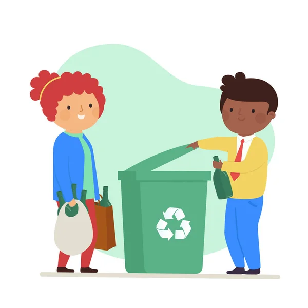 Glückliche Frau Und Glücklicher Mann Beim Recycling Der Müll Vektorillustration — Stockvektor