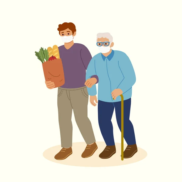 Εθελοντές Που Βοηθούν Ηλικιωμένους Εικονογράφηση Διάνυσμα — Διανυσματικό Αρχείο
