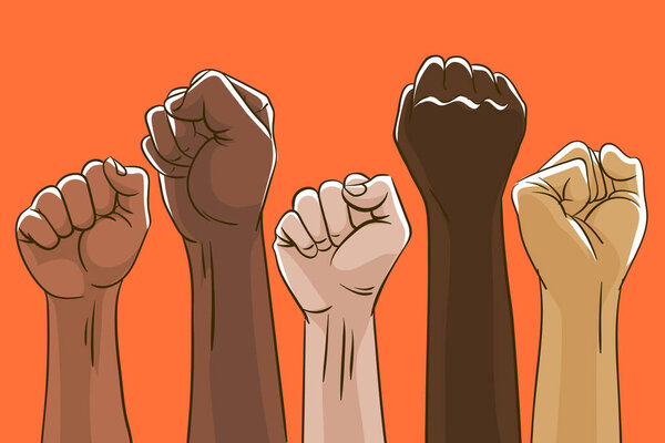 Group of multiracial raised fists together Vector illustration.