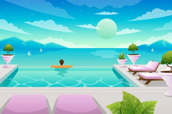プールで男と夏の風景ベクトルイラスト — ストックベクタ