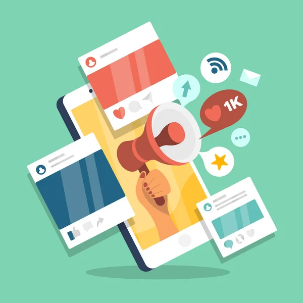 Social Media Marketing Mobiele Telefoon Concept Vector Illustratie — Stockvector