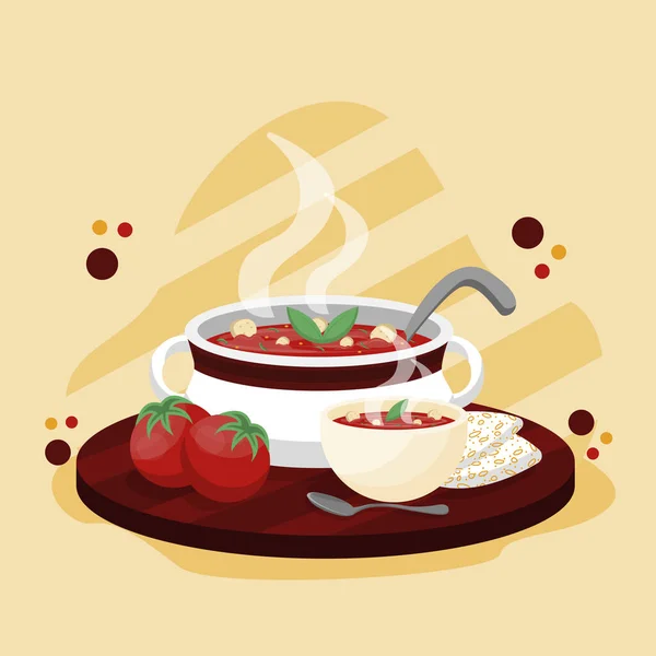Konsep Masakan Yang Nyaman Dengan Ilustrasi Sup Tomat Vektor - Stok Vektor