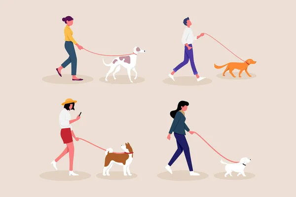 People Walking Dog Vector Illustration — Stock Vector