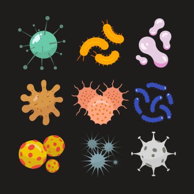 Bakteriler ve mikroplar renkli düz tasarım Vektör çizimi.