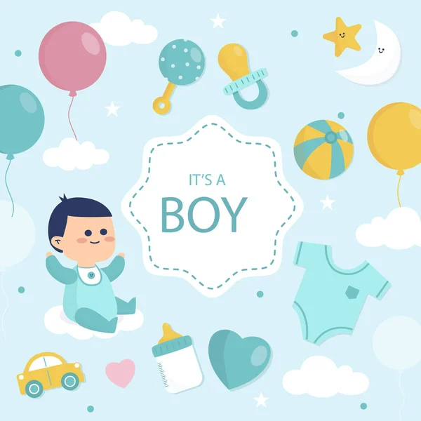 Baby Sprcha Chlapec Balónky Hračky Vektorové Ilustrace — Stockový vektor