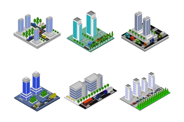 Set Von Isometrischen Städten Auf Hintergrund Vektor Illustration — Stockvektor