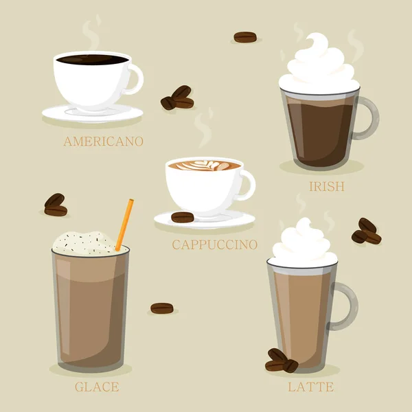 美味咖啡和冰咖啡的种类 — 图库矢量图片