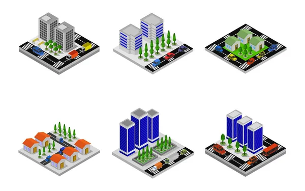 Conjunto Cidades Isométricas Ilustração Vetorial — Vetor de Stock