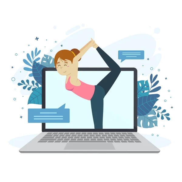 Online Yoga Kurskonzept Mit Frau Und Laptop Vector Illustration — Stockvektor